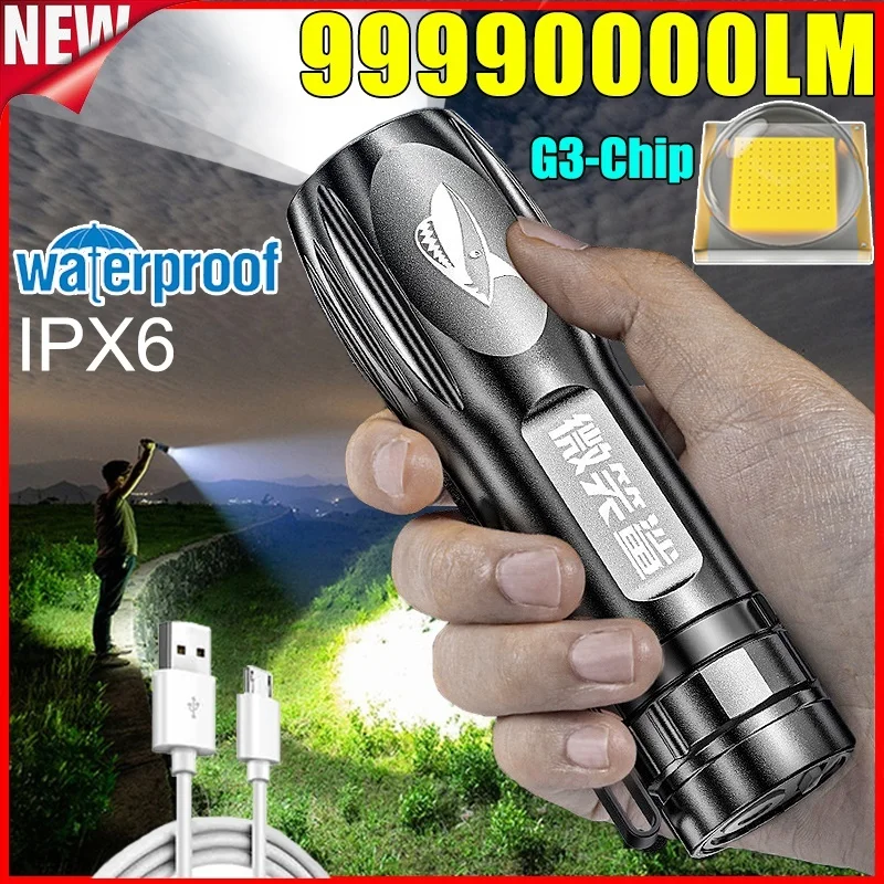 Strong Power Flashlight Rechargeable Camping Lamp Zoom Torch Tactical Flashlight Outdoor Waterproof Work Light Emergency Lamp