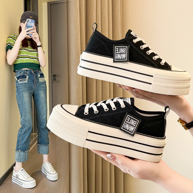 

New Women Black White Platform Canvas Shoes Sneakers Lace Up Comfortable Shoes Fashion Outdoor Versatile Sport Vulcanize Shoes