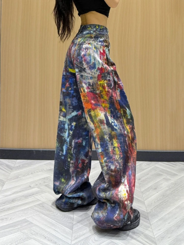 Splash Painting Pattern Denim Pants Women 2026 SS Trendy Straight Long Trousers Streetwear Daily Outfit Easy to Match