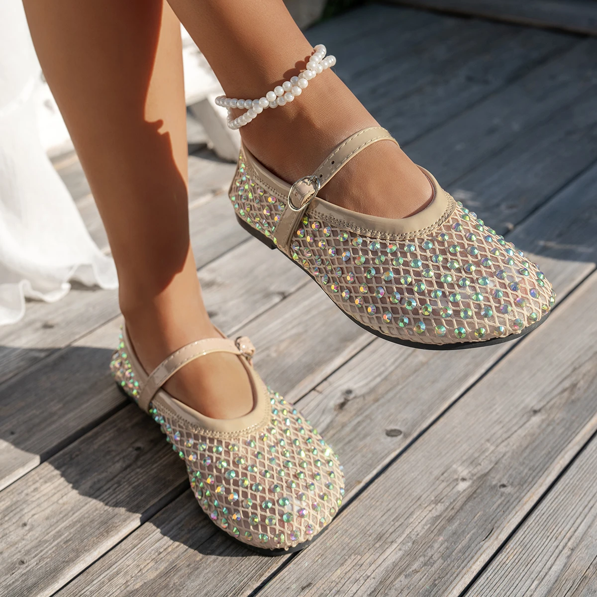 

Женские сандалии на плоской подошве, обувь Мэри Джейн в иностранном стиле с нишевым поясом, сетчатые дышащие сандалии со стразами, модная универсальная женская обувь