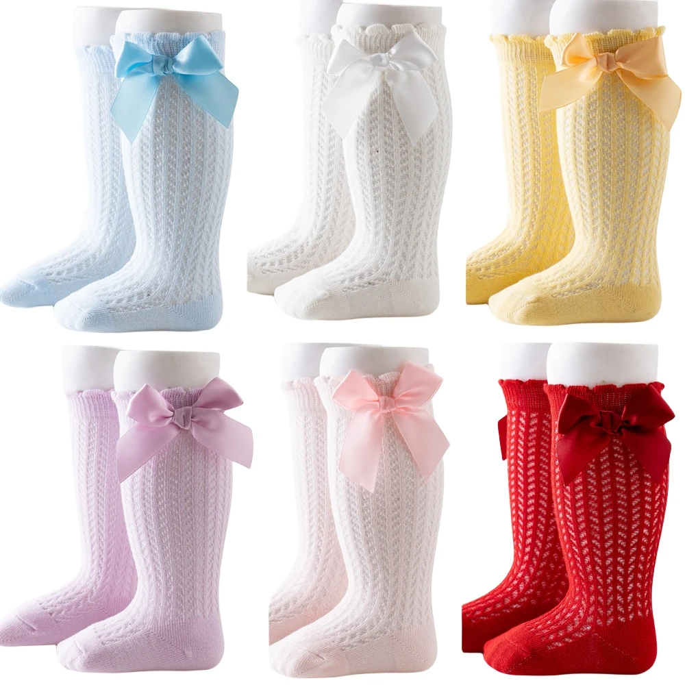 2023 New Summer Baby Girls Cotton Knee High Mesh Bow Socks Toddler Newborn Thin Tube Socks Anti-mosquito Breathable 0-12/12-24M