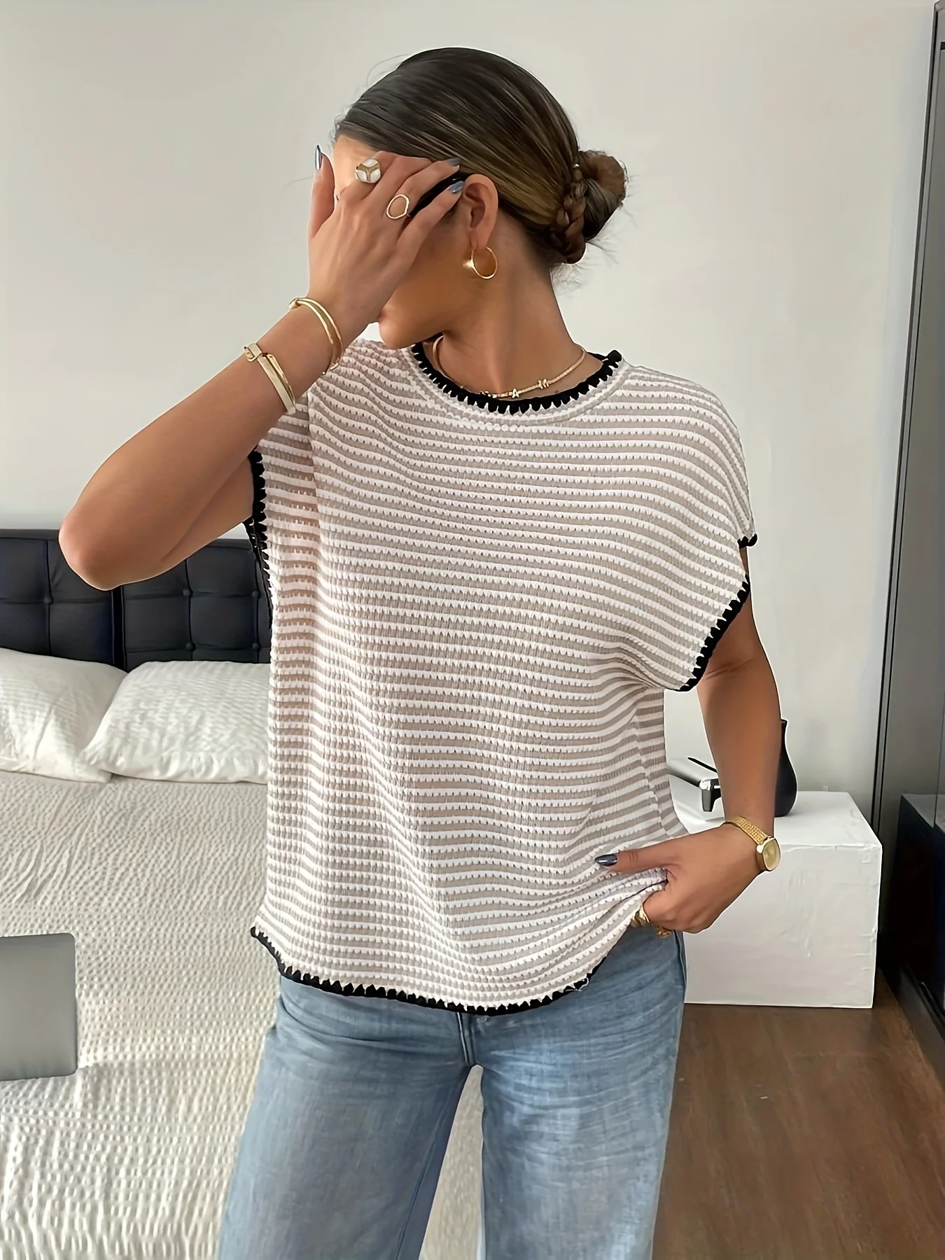 T-shirt manches courtes col rond femme décontracté bord contrasté haut rayé