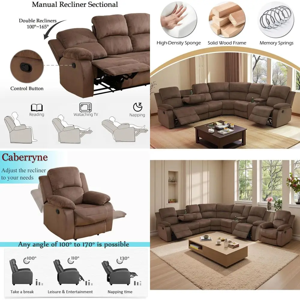 

7-местный L-образный диван-реклайнер с 3 механическими откидными креслами, журнальным столиком, местами для хранения и подстаканниками для гостиной/домашнего кинотеатра