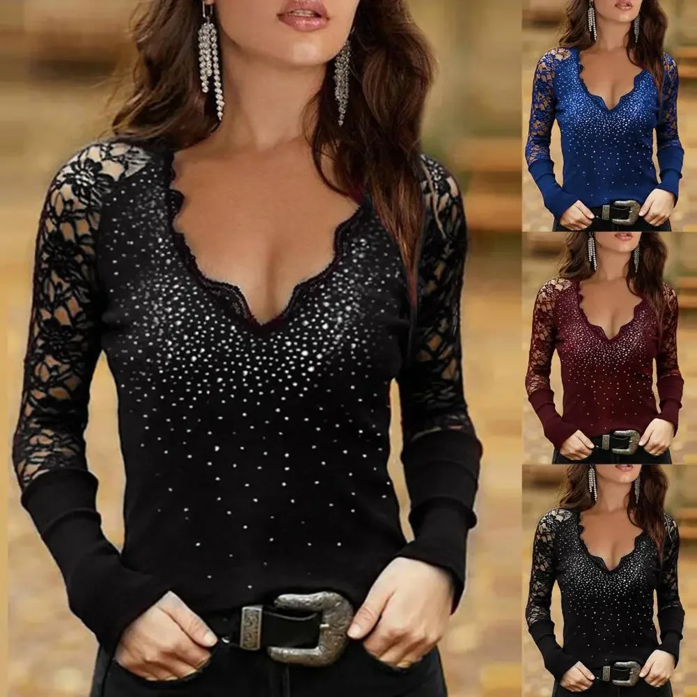 

Women's Shirt Sexy Lace Diamonds V-neck Hot Drilling Slim Fit Long Sleeve Women Blouse Low Cut Lace Sleeve Pullovers Streetwear