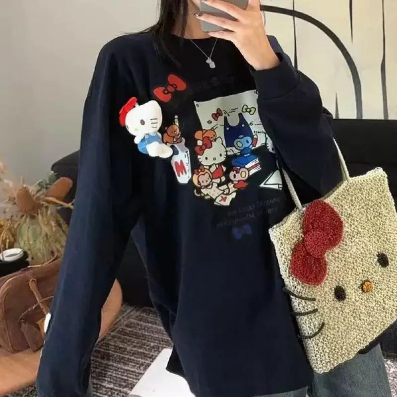 

Sanrio HelloKitty Girl, хлопковая рубашка Kawaii в стиле аниме, студенческая повседневная рубашка с длинными рукавами на весну и осень, новый топ с круглым вырезом