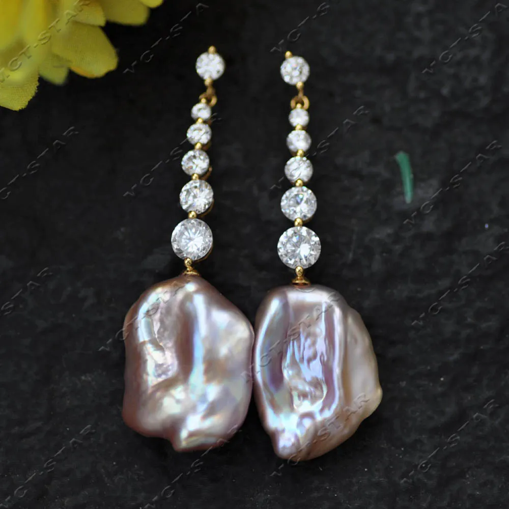 

MTC·STAR 2" 22mm Lavender Baroque Lamina Keshi Pearl Tower CZ Dangle Earring (Z14552)
