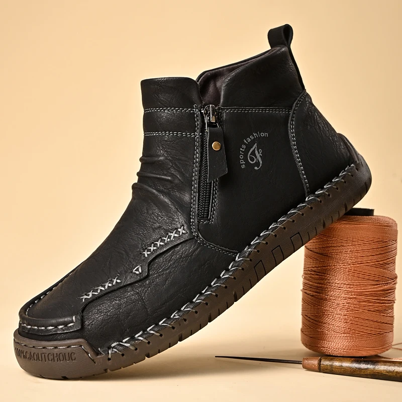 High Quality Men's Ankle Boots Winter Warm Handmade Casual Shoes Genuine Leather Walking Sneakers Fashion Lightweight Work Boots
