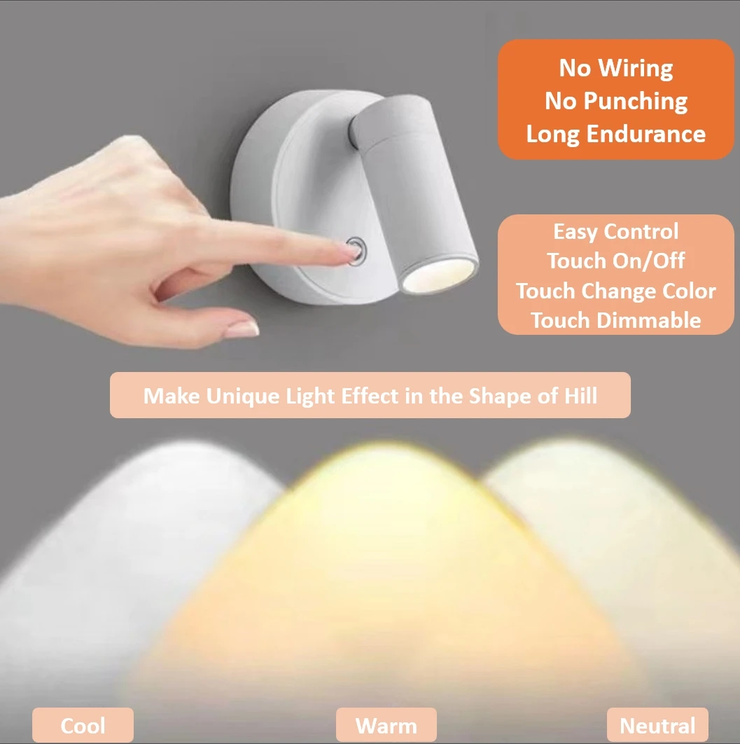 Rechargeable Magnetic 3Colors Led Wall Lamp Touch Control Wireless Spotlights Cordless for Bedside Reading Ambient Night Light