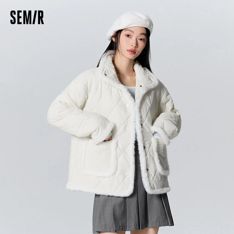 

Semir Cotton Coat Women Textured Stand-Up Collar Temperament 2023 New Winter Fashion Raw Edge Gentle Rhombus Jacket