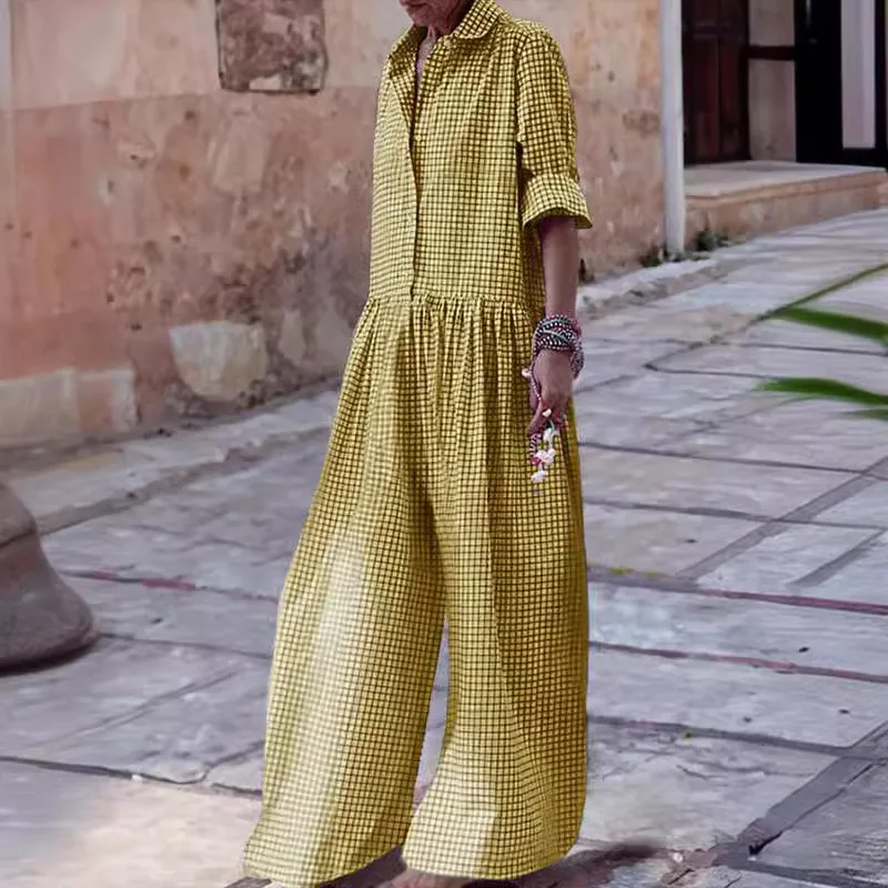 Loose Casual Plaid Print Jumpsuit Fashion Lapel Single Breasted Half Sleeved Wide Leg Jumpsuit Spring Summer Fashion Lady New