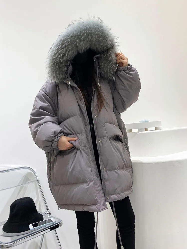 Imagem -04 - Mulheres Inverno para Baixo Jaqueta de Pele de Guaxinim Real Collor Parka Moda 90 Pato para Baixo Cabolsa Feminino Engrossar Quente Outerwear à Prova de Vento Roupas