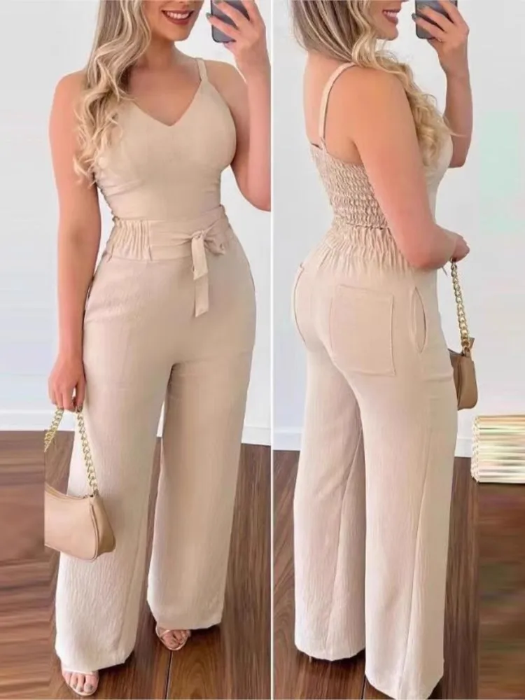 Women Fashion Solid Two Piece Sets Summer Sexy Backless V-neck Sling Short Vest & Tether High Waist Straight Pants Casual Set