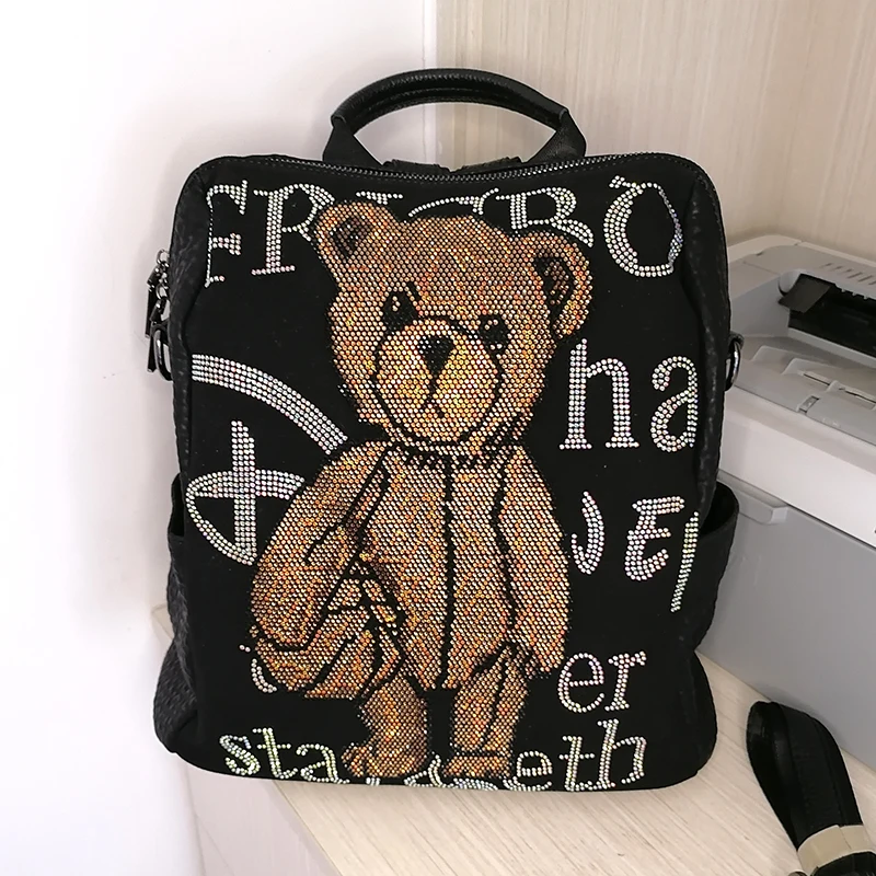 genuine leather women's backpack cute bear shining rhinestone women's bag large capacity travel school bagpack