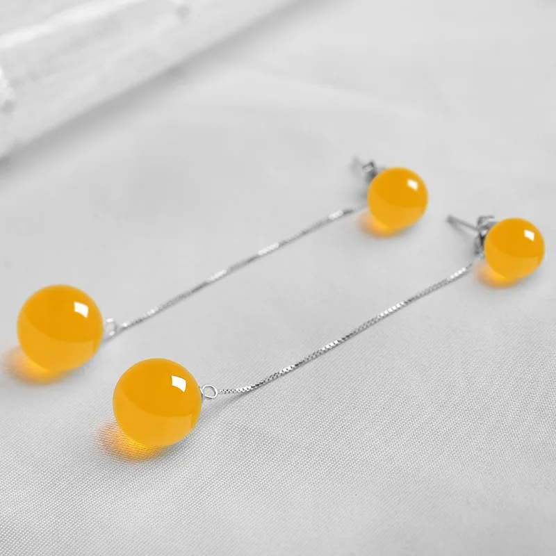 White red agate , simple and honey amber , long tassel ear thread, women's earrings