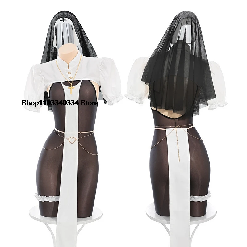 Halloween Charlotte Nonne Cosplay Kostüm Vibrastar Schwester Nonne Frauen sehen durch Overall offene Tasse Schritt ohne Body stocking