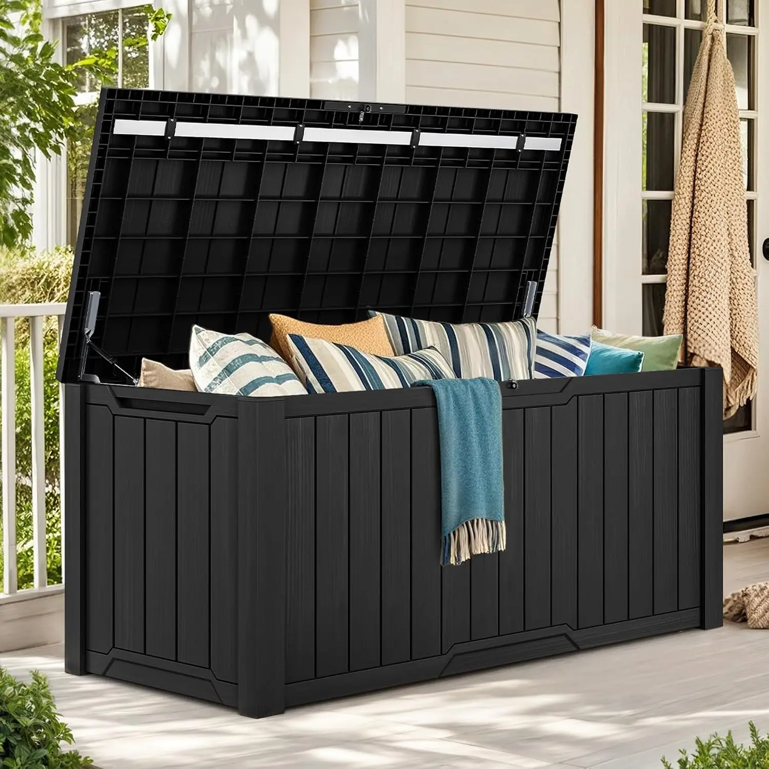 230 Gallon Weather Resistant Resin Outdoor Storage Deck Box, Lockable Storage Container for Patio Furniture, Outdoor Cushions, Garden Tools, Sports Equipment and Pool Supplies, Black
