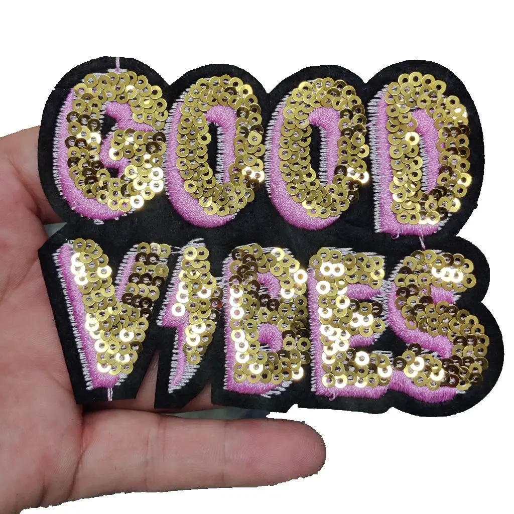 GOLD SEQUINED GOOD VIBES Clothes PATCHES Applique BADGES For Jackets DIY Badge Sewing Accessory 3D LETTER GOODVIBES