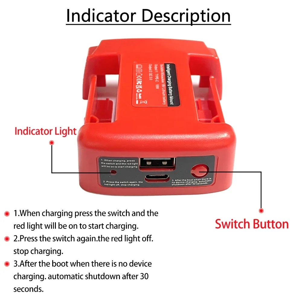 Carregador Rápido USB para Milwaukee 18V Li-ion, Suporte de Bateria Portátil, Adaptador com USB e Saída Tipo C, Carregamento Rápido