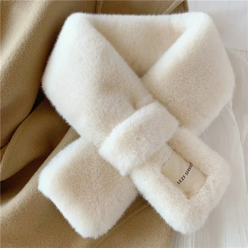 Rabbit Fur Plush Neckerchief Girl Winter Warm Thick Solid Color Faux Cross Collar Shawl Elegant Warm Soft Comfortable Scarf 1Pcs