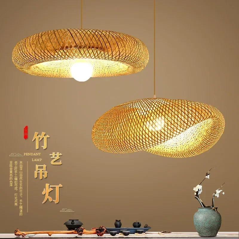 Ceiling Chandelier Hanging Lamp Big Size Rattan Wicker Bamboo Pendant Light Hand Knitted Braided Home Living Bed Room Decor