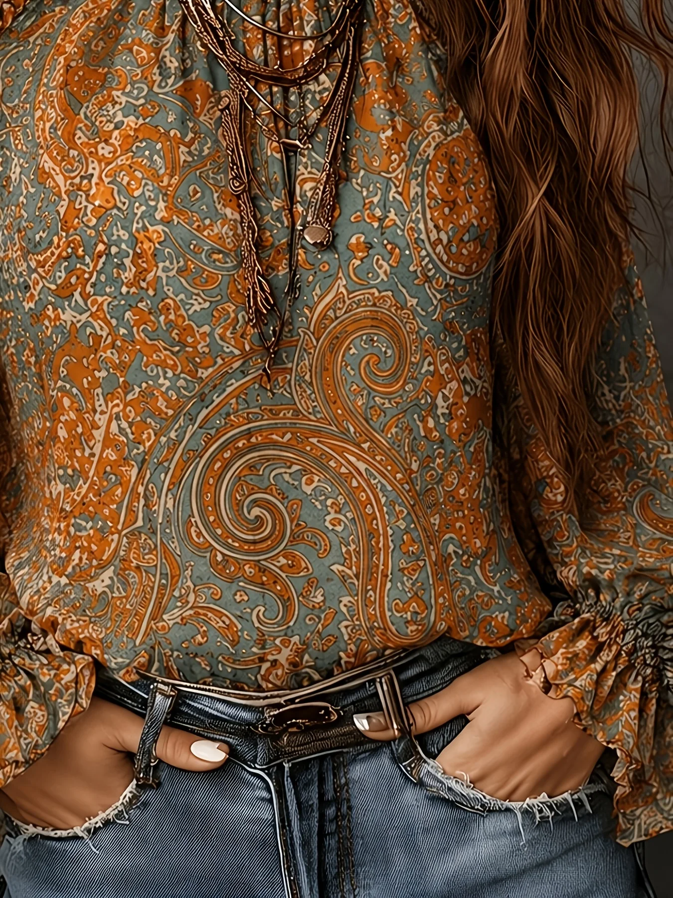 Boho Paisley-Print Chiffon-Top Damen Sexy Off-Shoulder Bluse mit Trompetenärmeln Retro 70er Fairycore Hemden – Detail 32