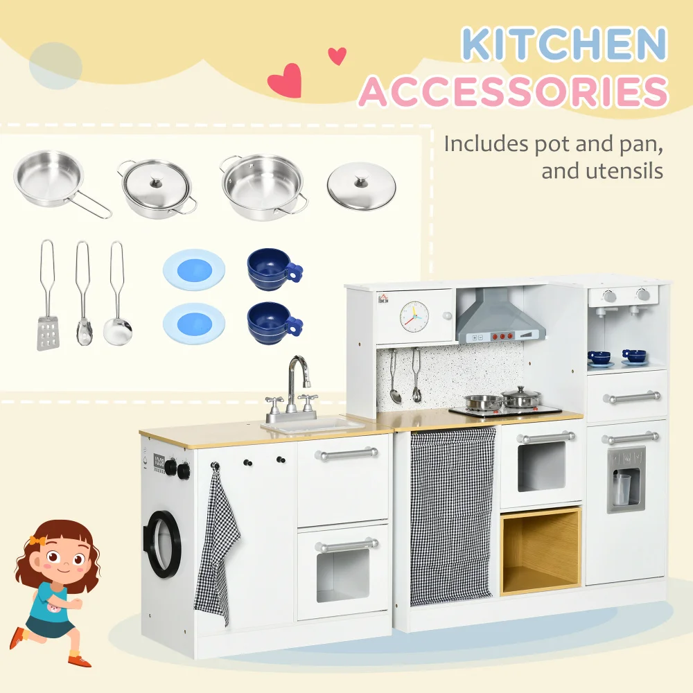 Qaba Kids Wooden Kitchen Playset with Sound Effects and Tons of Countertop Space, Wooden Corner Play Kitchen Set with Washing