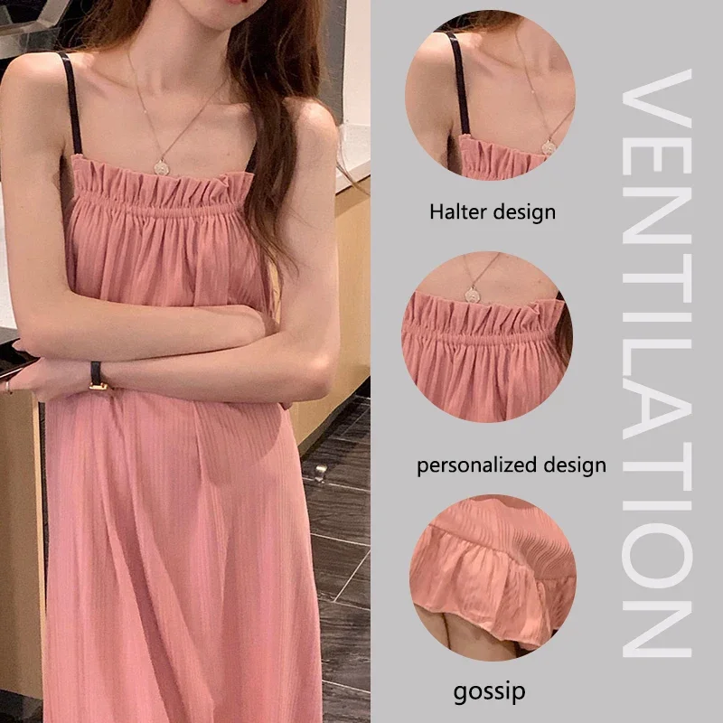 

Girl Korean Chic Healing Princess Style Ruffled Simple Sweet Pajamas Women Summer Autumn Sling Mid-Length Nightgown Homewear