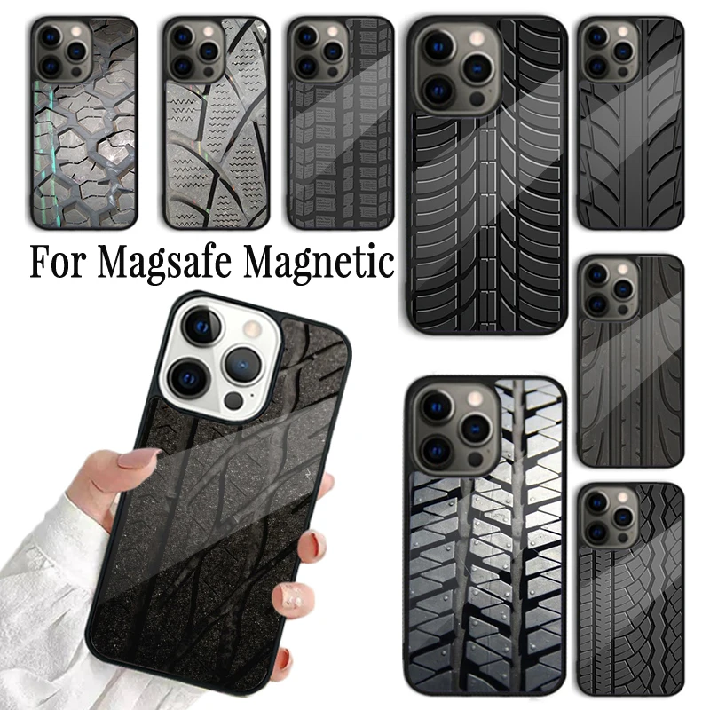 Coque Phone Case For iPhone 16 15 14 13 12 11 Pro Max Plus Magsafe Magnetic Wireless Charging Cover Black Tyre Tread Texture