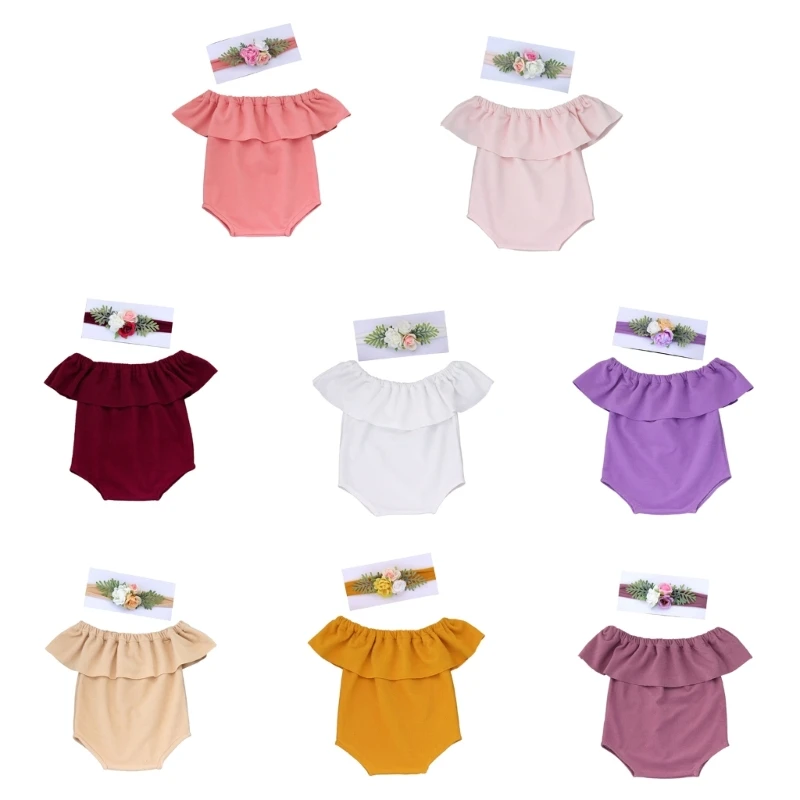 

F62D Newborns Photoshoots Clothes Spring Summer One-Shoulder Onesie with Headpiece