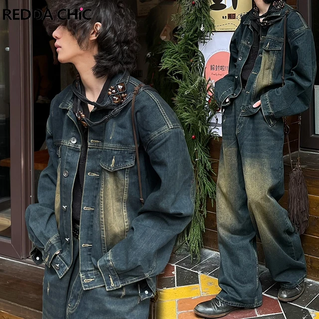 REDDACHiC Men s Denim Suit Bomber Jacket Baggy Jeans 2 piece Set Brushed Wide Leg Pants Oversize Coat Hiphop Harajuku Clothes AliExpress