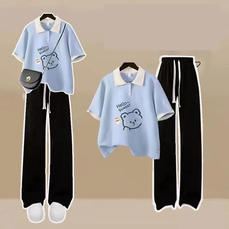 Fato de treino feminino solto, conjunto de correspondência, polo urso coreano, camiseta de manga curta, calças de perna larga, terno de duas peças,