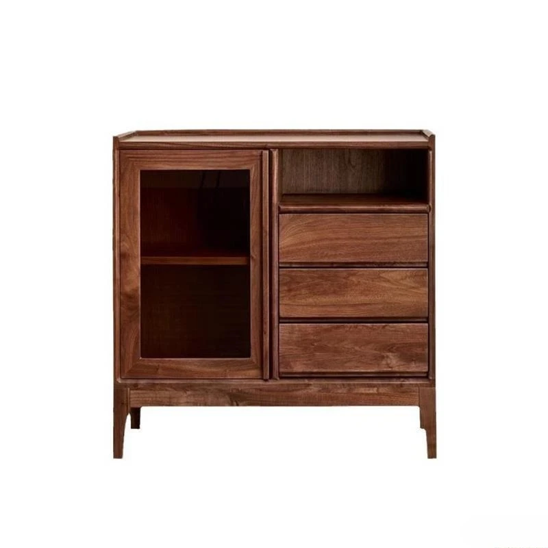 

Nordic simple black walnut dining side cabinet Japanese solid wood living room storage home dining room glass door storage