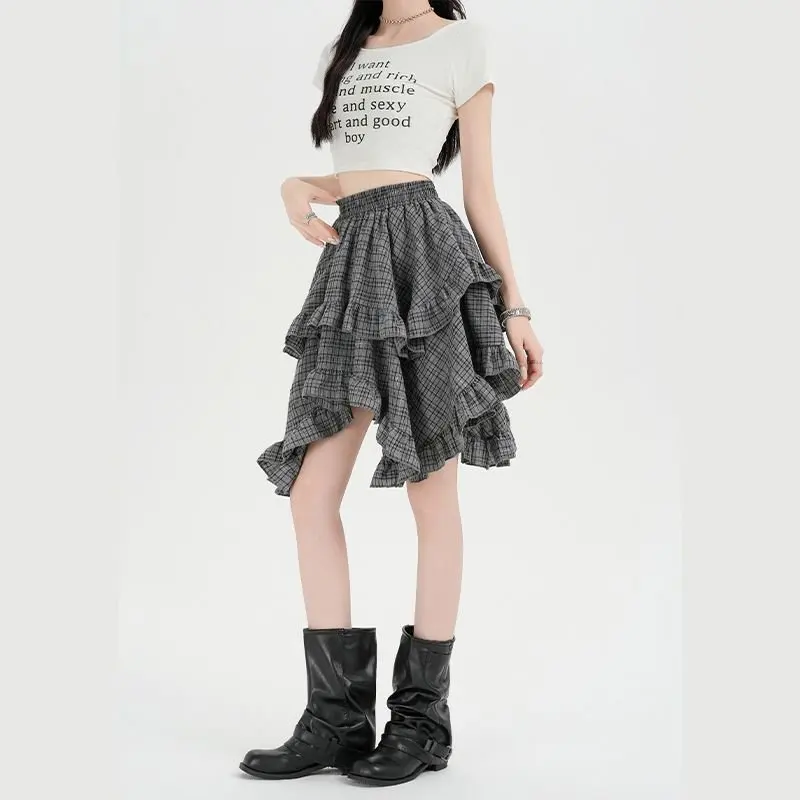 

Qiukichonson Mini Skirts Women Grey Plaid Skirt 2026 Goth Vintage Summer High Waisted Ruffles Asymmetrical Short Skirt Maxi