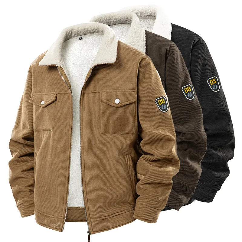 Autumn and winter corduroy jacket men's fleece thickened trendy lapel tooling lamb wool men's jacket