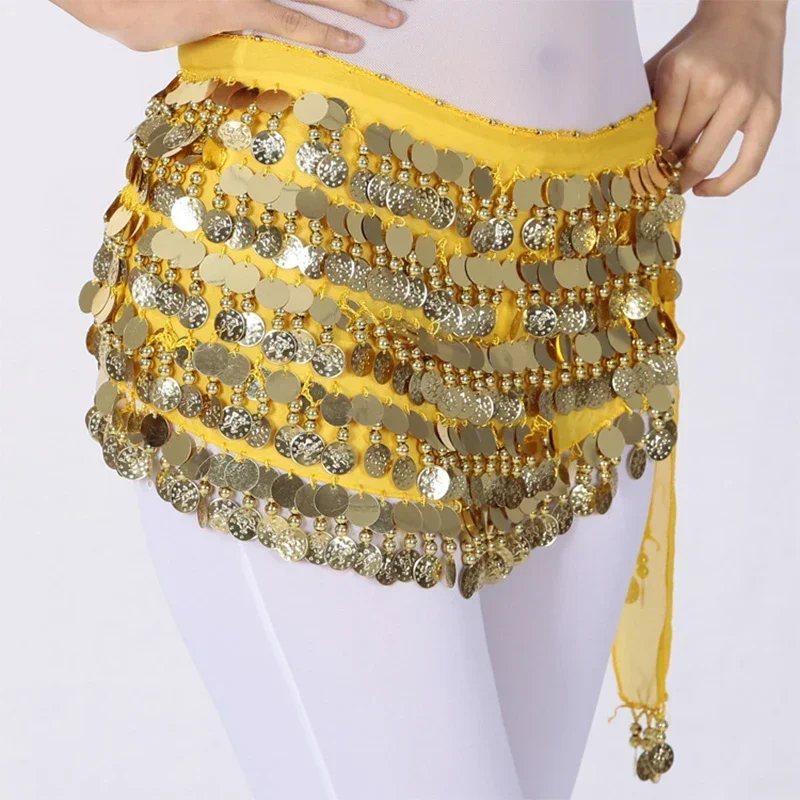 Saia feminina com lantejoulas para dança do ventre, cachecol quadril, moedas de ouro, fistos de chiffon, traje de desempenho Bling