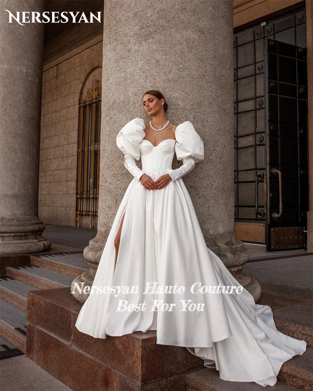Nersesyan Vintage Satin Wedding Dresses Puff Sleeves Side Slit A Line Bridal Gowns Off Shoulder Princess Bride Dress Customized