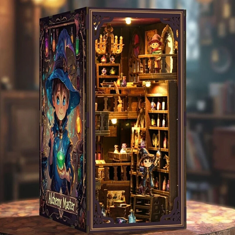 Diy Book Nook Shelf Insert Kits Wooden Miniature Model Kit Cyberrpunk Bookend Assembled Bookshelf Home Decor Boxed Birthday Gift