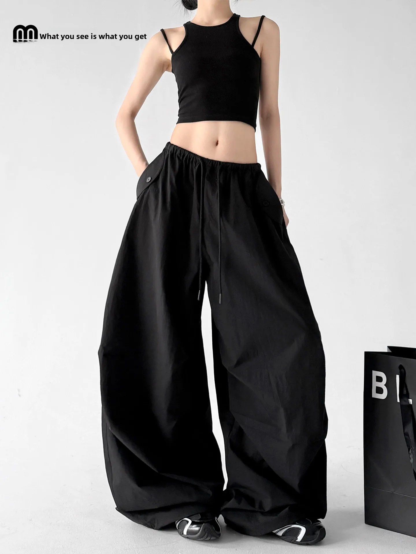 

Black Workwear Sports Pants Women's Summer New Wide Leg Pants Casual Loose Knife Pants Low Waist Polyester Fabric