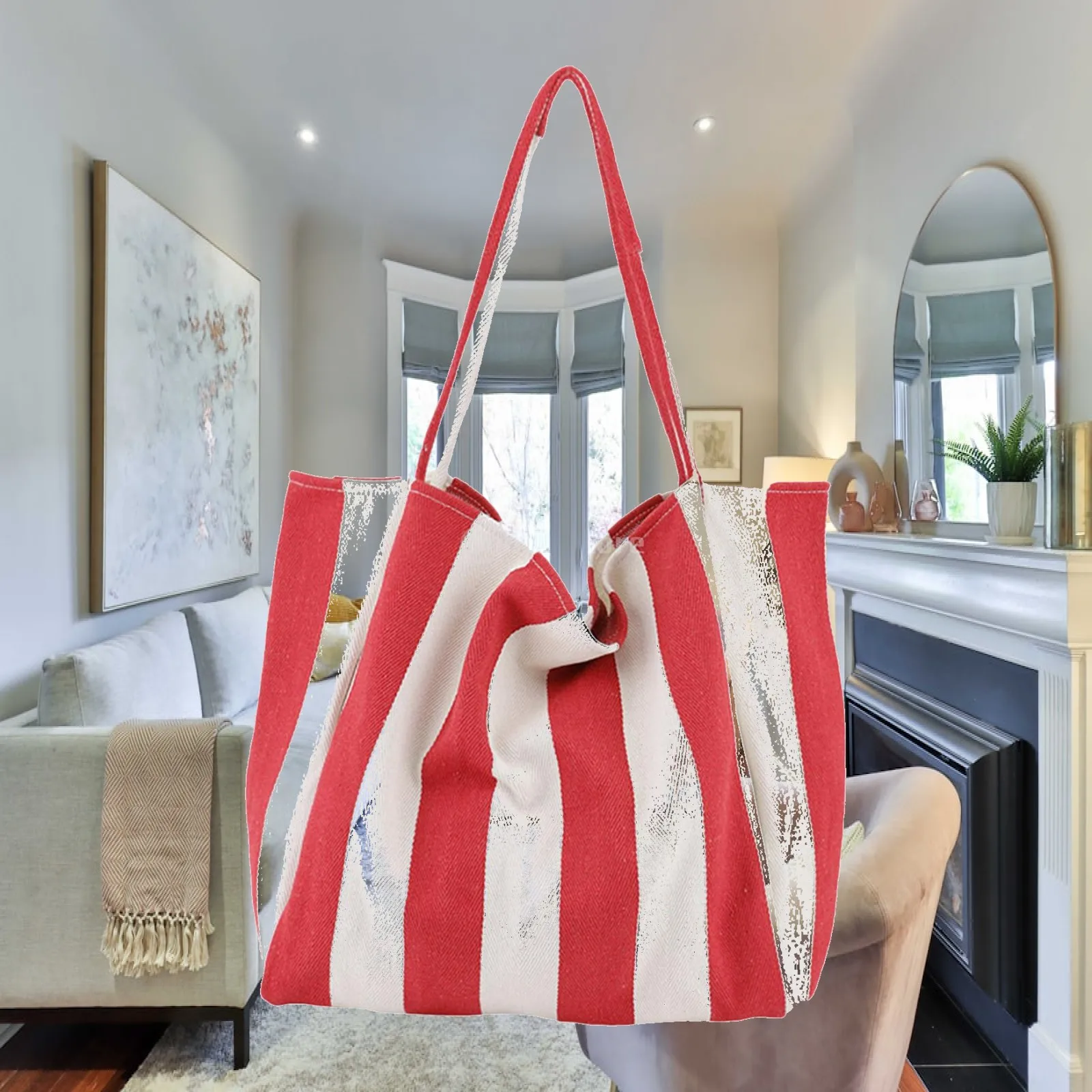 Women Shoulder Bag Pouch Female Stripe Canvas Tote Bag for Vacation Work Travel