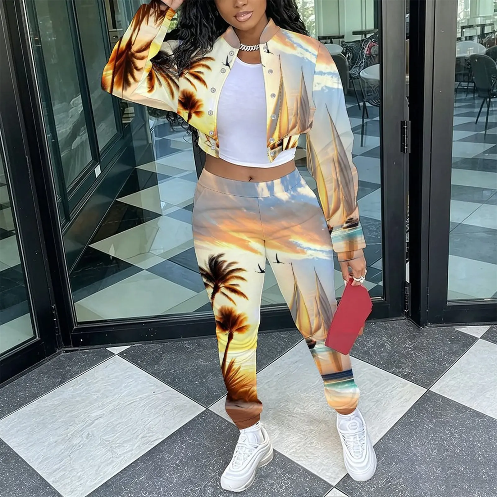 Female Fashion Two‑Piece Set Retro Long Sleeve Stand Collar Jacket  Slim Fit Long Pants Ladies Everyday Commuting Elegant Outfit