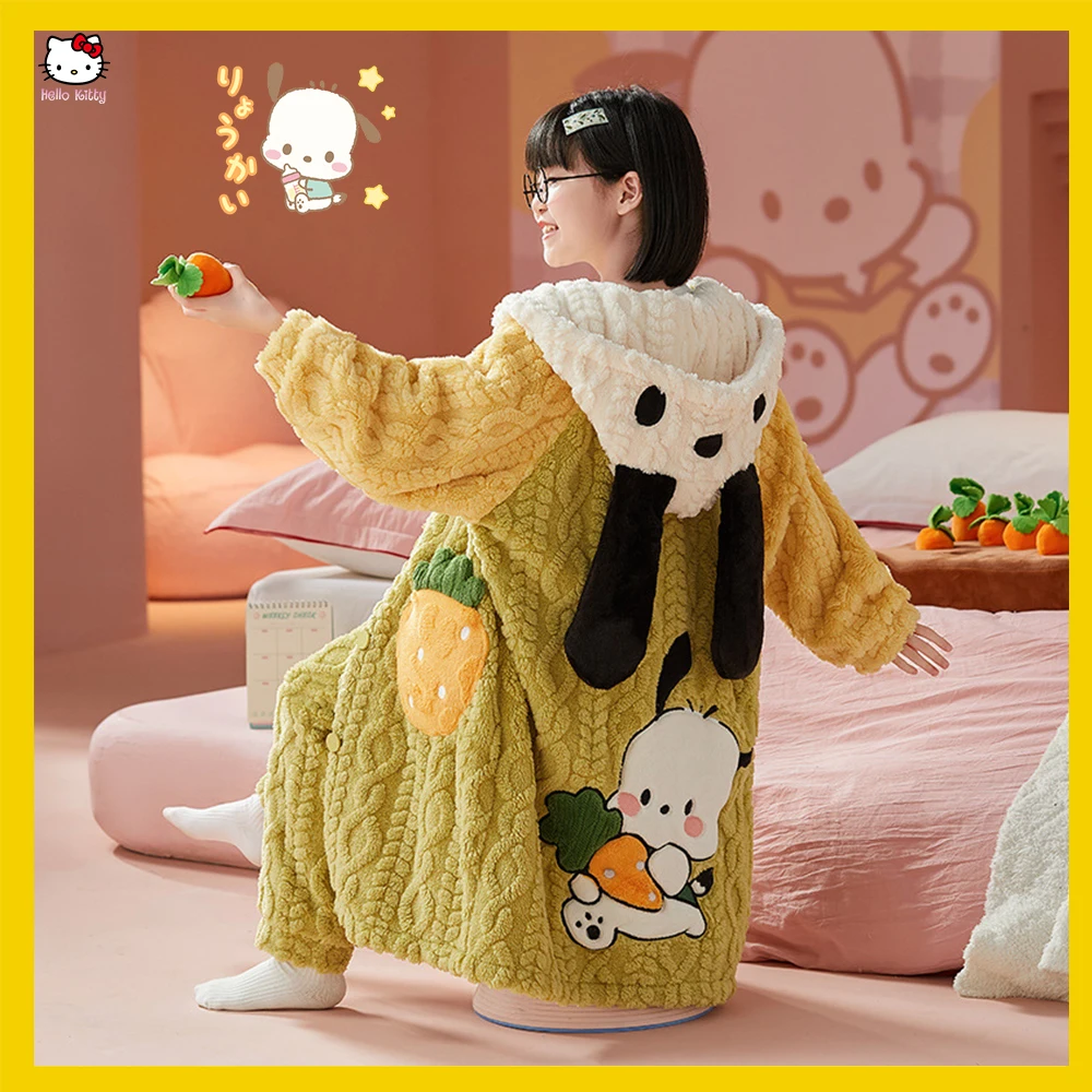 

Sanrios Cinnamoroll Pochacco Kt Cat Children's Nightgown Anime Kawaii Coral Velvet Thickened Warm Hooded Pajamas Winter Homewear