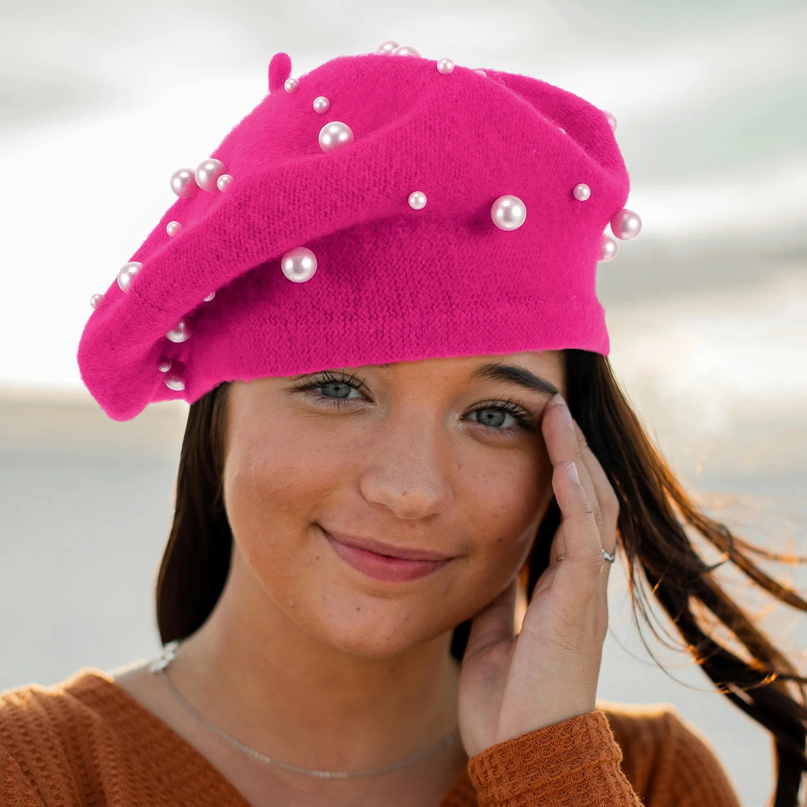 

Pearl Beret Rosy Color Hat for Ladies Girls Cashmere Winter Beanie Cozy Hand Knitted Foldable Outdoor Activities
