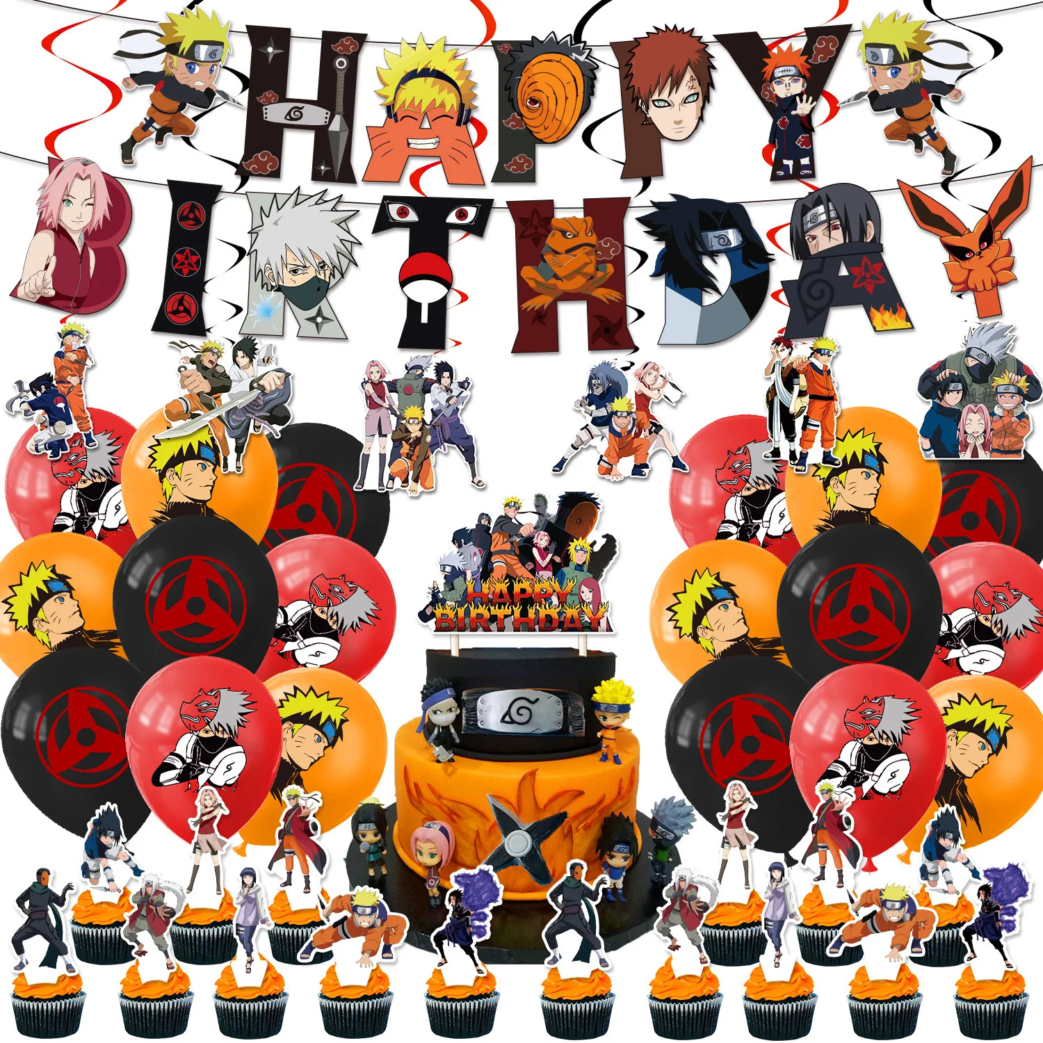 Pancarta de Feliz Cumpleaños de Naruto Kakashi Uchiha Sasuke, Decoración para Fiesta, Adorno para Pastel de Anime, Artículos Desechables para Fiesta