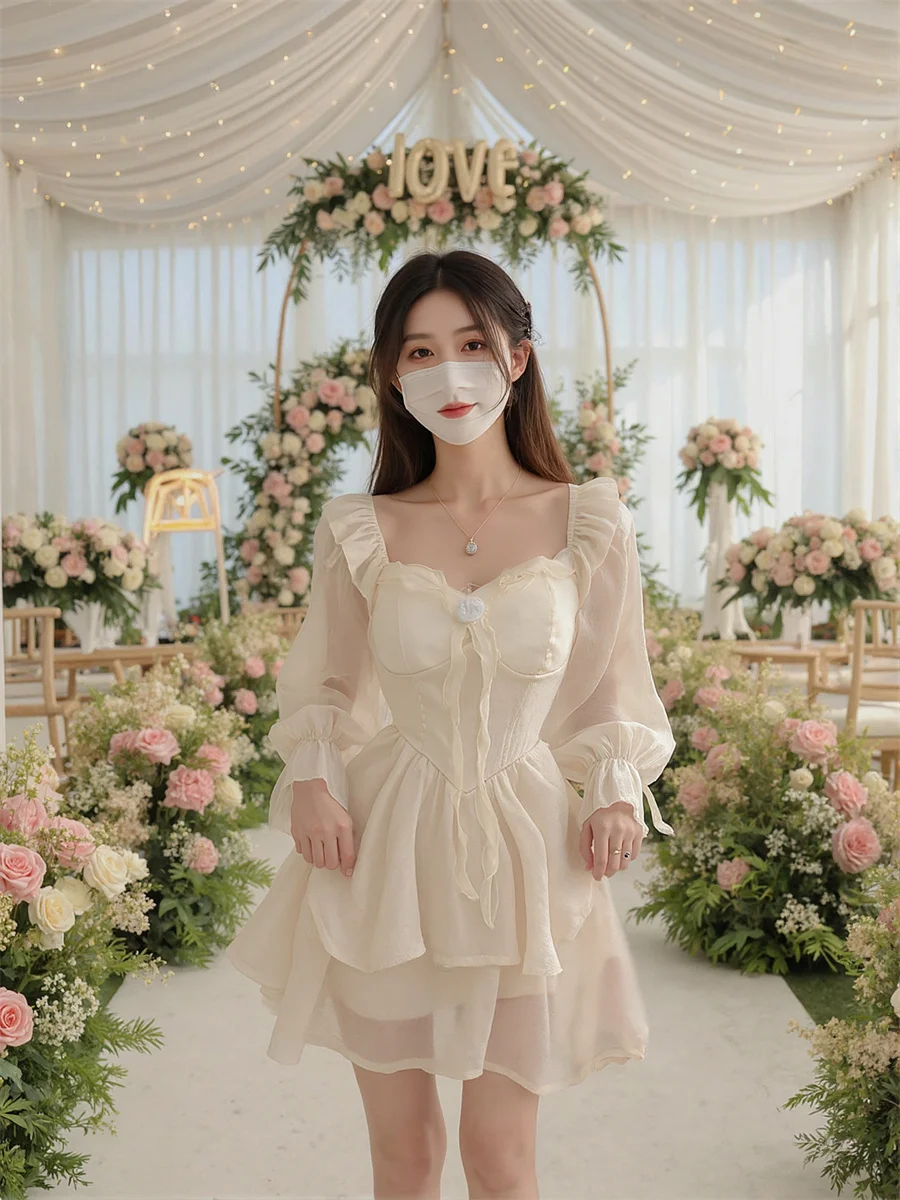 Dames Witte Jurken Voor Dames Gedrapeerde Ruches Herfst Slim-Fit Halve Mouw Bloemen Elegant Doorschijnend V-hals Comfortabel Col Gesplitst