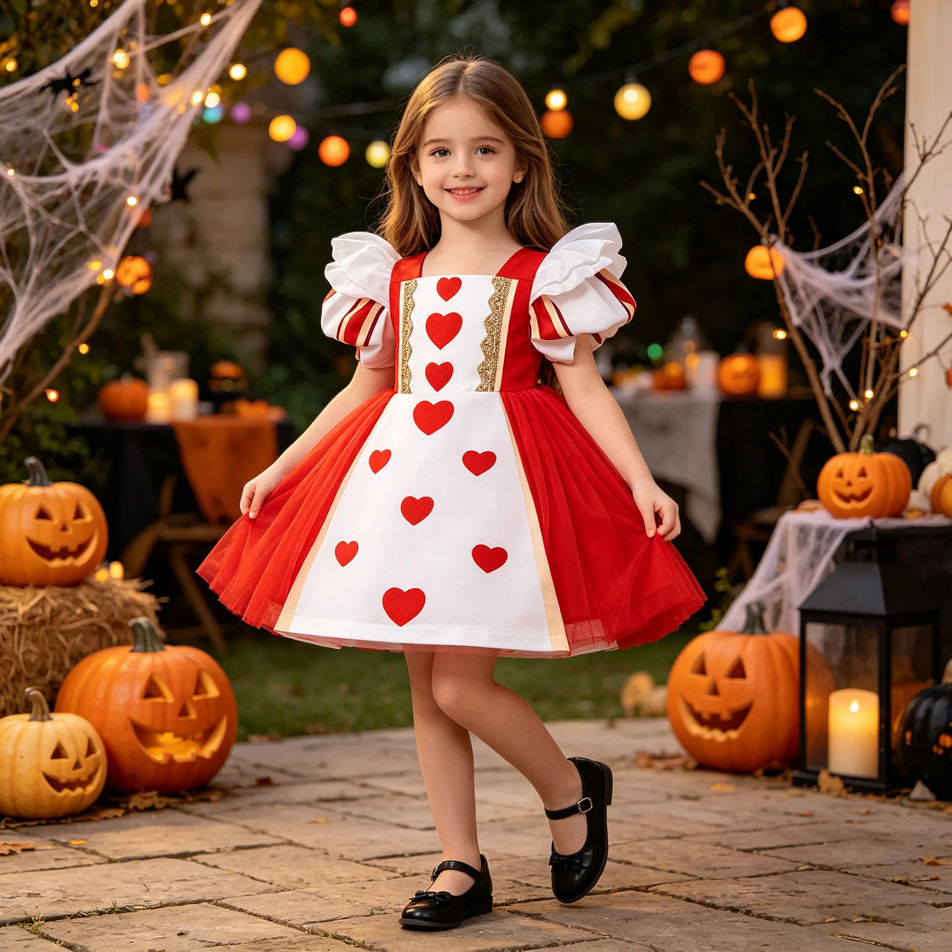 Girls Halloween Pumpkin Applique Dress Kids Flutter Sleeve Spider Lace Tulle Tutu Cosplay Photography Performance Costume ASQ03