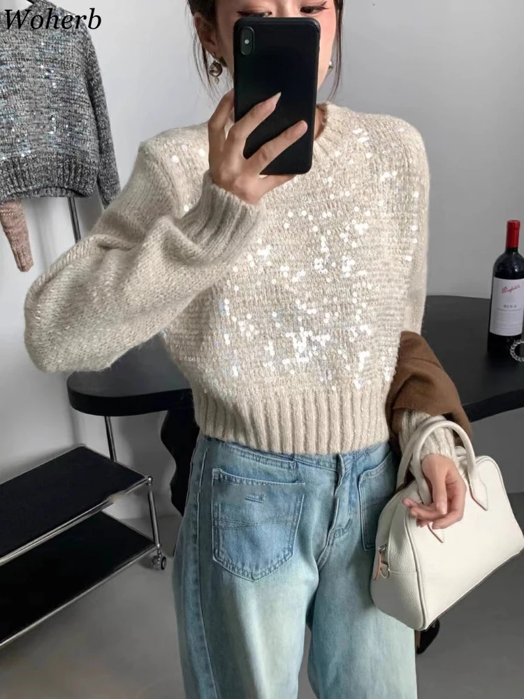 Crop Sequined Patch Sweater Women Clothes Jumper 2024 Ropa Mujer O-neck Long Sleeve Knitted Fashion Sweet Pullovers Pull Femme