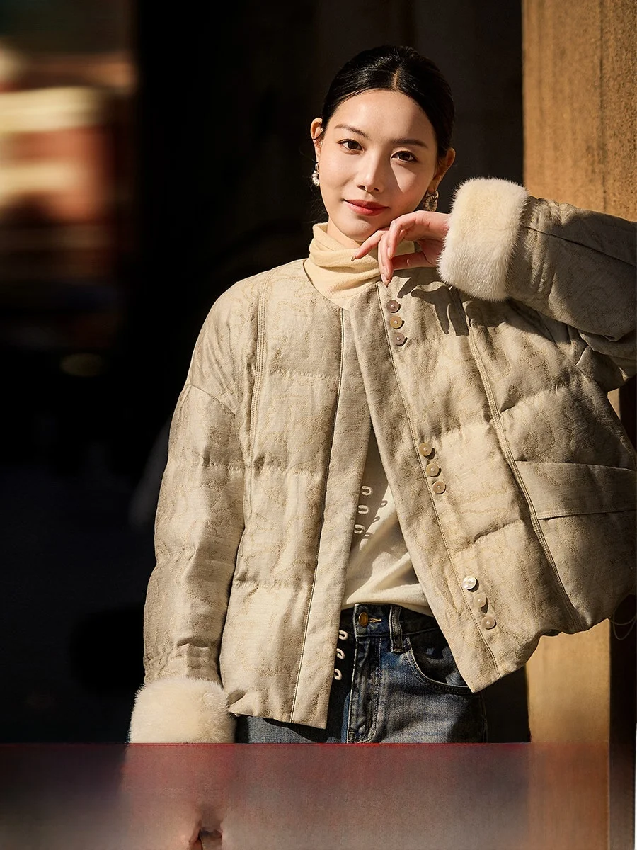 

New Chinese Sle Du down Jaet Silk Linen Embroidery Sve Long Sve Warmth mid Waist round Ne Pure Color