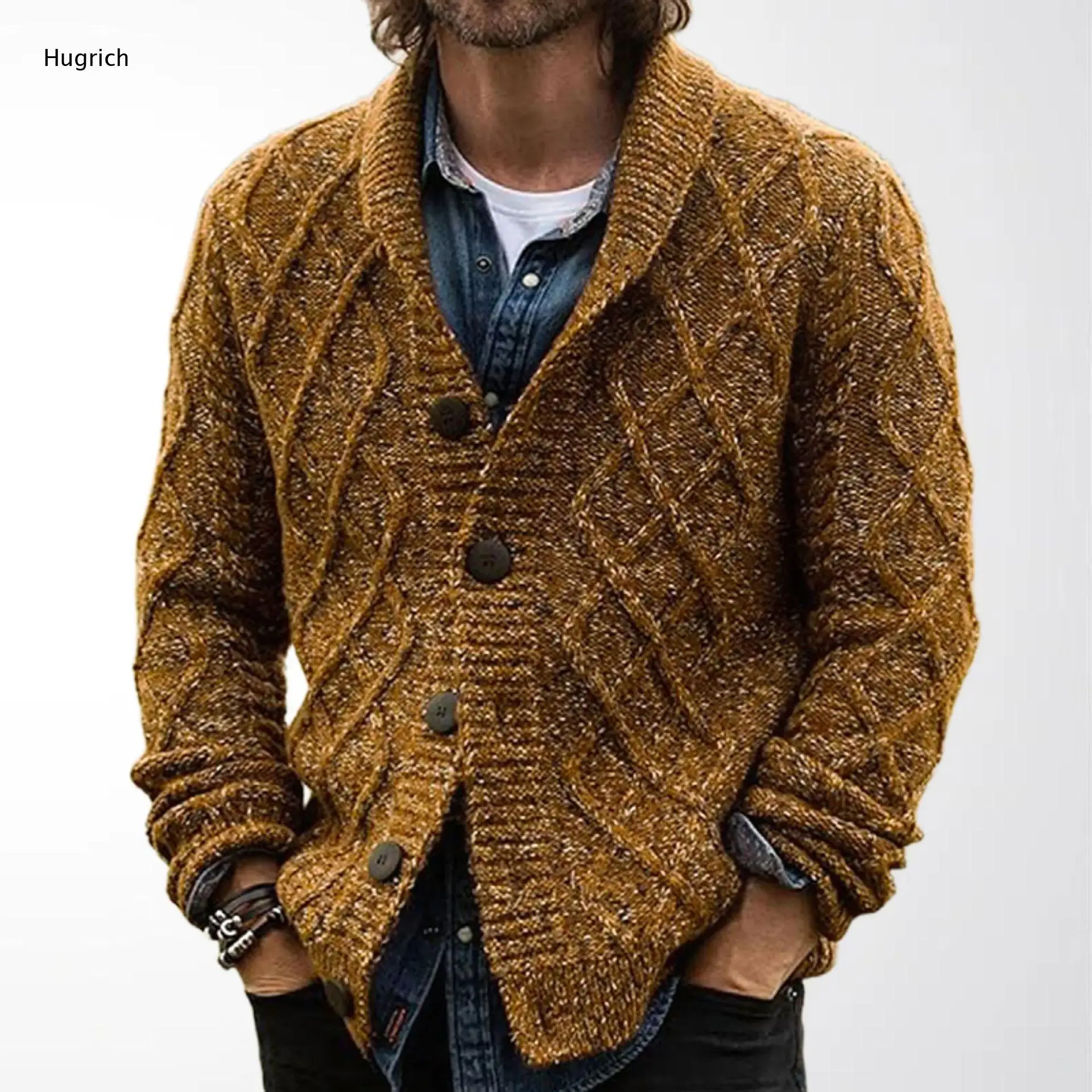 Heavyweight Fisherman Knit Shawl Collar Cardigan, Marled Brown Speckled Design Long Sleeve Casual Winter Sweater Coat
