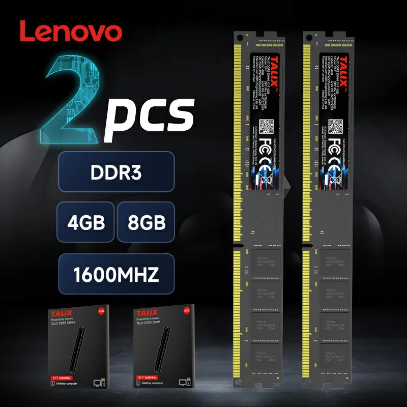 Lenovo 2pcs DDR3 4GB 1600MHz 8GB Módulo de memoria RAM para computadora de escritorio TALIX de alta velocidad PC3-12800U Plug&Play para juegos y oficina