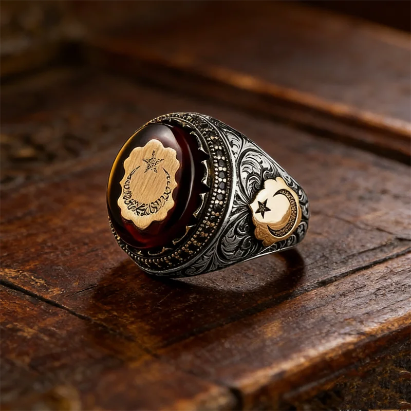 Retro Handgemaakte Turkse Ring Voor Mannen Vintage Zilveren Kleur Rood Zirkoon Ringen Punk Trendy Islamitische Religieuze Moslim Sieraden